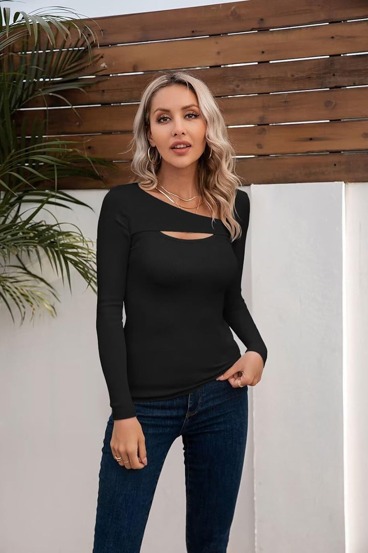 Womens Fashion Fall Clothes One Piece Cutout Tops Long Sleeve Ribbed Slim Fitted Shirts Tee Tshirts