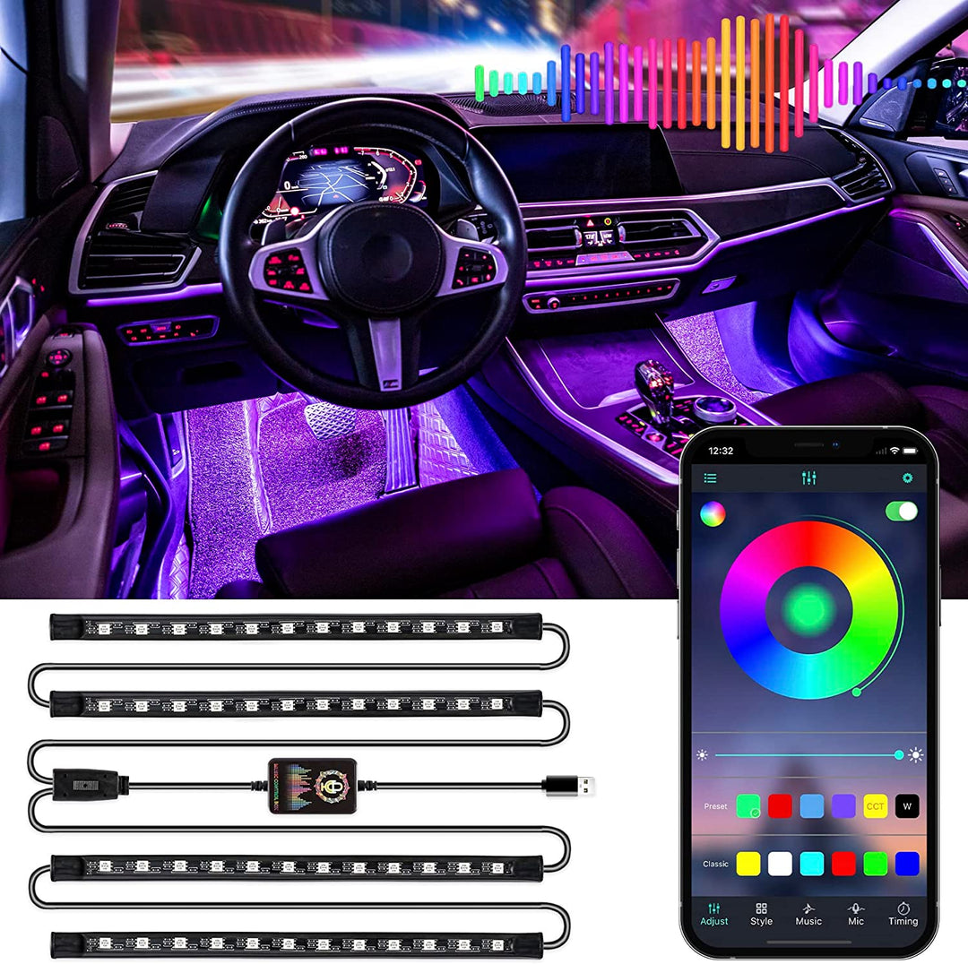 Smart RGB LED Interior Lights, 2 Lines Design with USB Port, App Control, Music Mode and DIY Mode, Car Accessories Gifts for Women Men