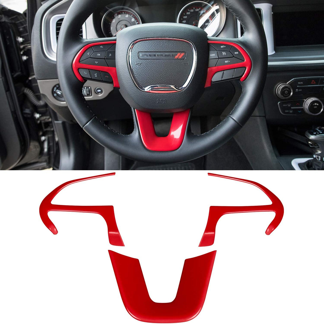 Steering Wheel Cover Trim Interior Accessories Decoration Kit for 2015-2021 Dodge Challenger Charger, for 2014-2021 Dodge Durango & Jeep Grand Cherokee SRT8 (Red 3PCS)