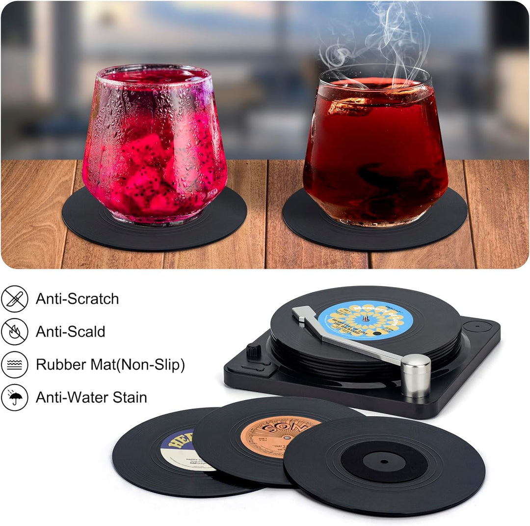 Retro Vinyl Record Coasters with Player, 6PCS Music Coasters for Drinks, Home and Coffee Table Decor, Housewarming Gifts for Music Lover, Birthday Gifts for Men and White Elephant Gifts Ideas