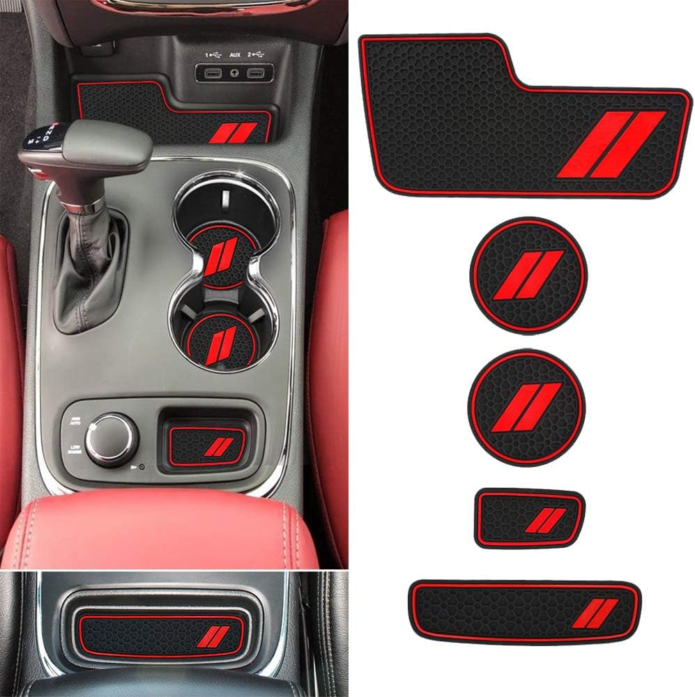 Center Console Mats for Durango Accessories 2014 2015 2016 2017 2018 2019 2020 Auto Car Cup Holder Insert/Coasters Custom Fit Cup Liners Pads Interior Decoration (5Pcs/Set, Red Trim)