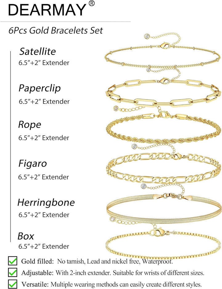 Gold Bracelets for Women Waterproof, 14K Real Gold Jewelry Sets for Women Trendy Thin Dainty Stackable Cuban Link Paperclip Chain Bracelet Pack Fashion Accessories Gifts for Women Girls