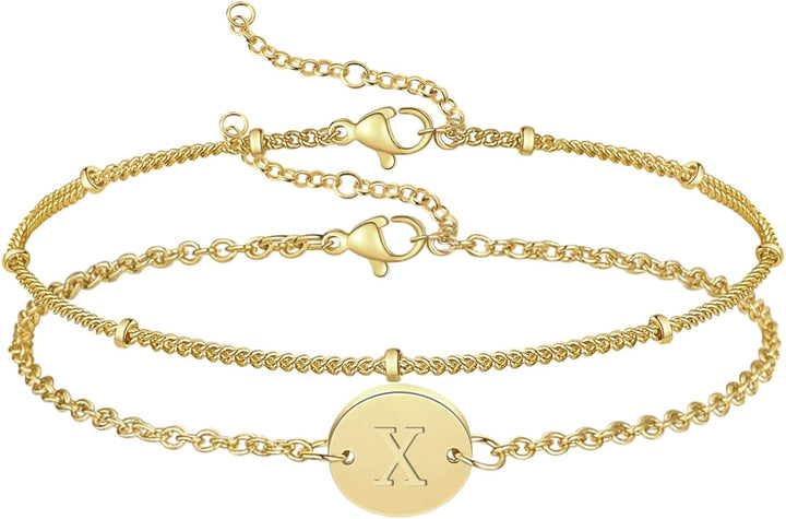 Gold Initial Bracelets for Women,Dainty 14K Gold Plated Layered Beaded Letter Initial Bracelet Personalized Engraved Letter Bracelet Personalized Monogram Name Bracelet for Girls
