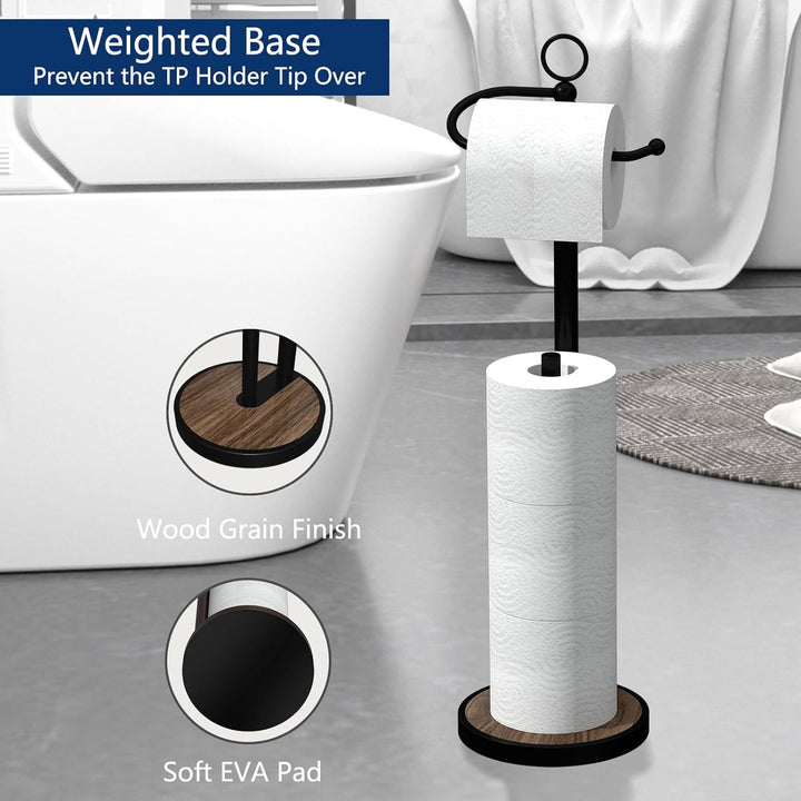 Toilet Paper Holder Free Standing, Bathroom Toilet Paper Holder Stand, Bronze Toilet Paper Storage Roll Tissue Holder with Weighted Wood Grain Base