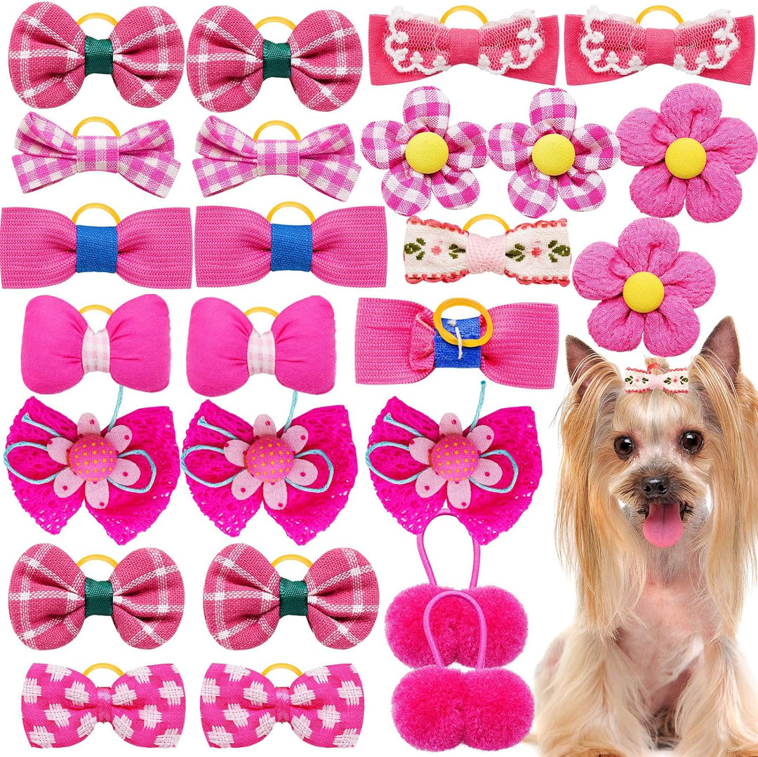 20Pc Pink Small Dog Hair Bows with Rubber Bands, Bulk Puppy Dog Hair Bows, Mix Handmade Cute Dog Gooming Flower Ball Bowknot Top Knot for Holiday Daily Yorkie Dog Hair Accessories