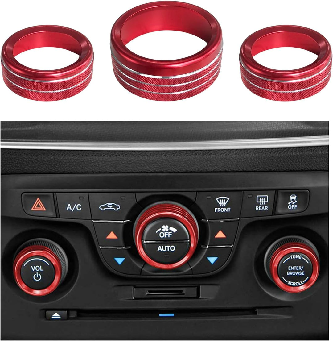 3PCS Air Conditioner Switch Button Knob Cover, Aluminum Alloy A/C Decal Trim Rings Compatible with Challenger Durango 2015-2022, Auto Interior Decor Accessories (Red)