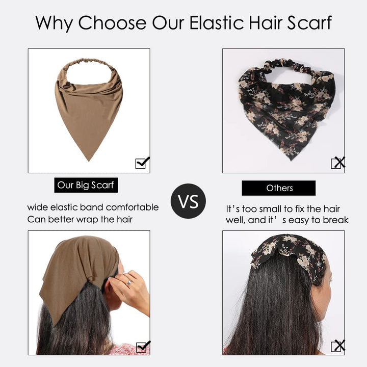 6 Pack Hair Scarf Headband for Women - Elastic Hair Kerchief Large Boho Triangle Bandana Head Scarf with Clips Non Slip Solid Color Headbands Hair Scarves for Teen Girls