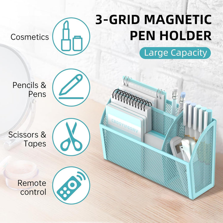 Magnetic Pencil Holder Magnetic Shelf for the Whiteboard 3-Grid Mesh Magnetic Pen Holder for Refrigerator Magnetic Organizer Locker Accessories Organizer for Home, School and Office, Blue