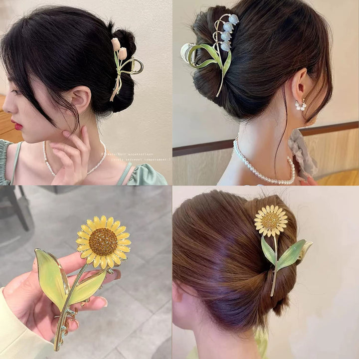 Flower Metal Hair Claw Clips 6 Pcs Cute Large Tulip Nonslip Hair Barrettes Strong Hold Hair Clamps Fashion Hair Accessories for Woman Girls with Long Thick Thin Curly Hair (A Style)
