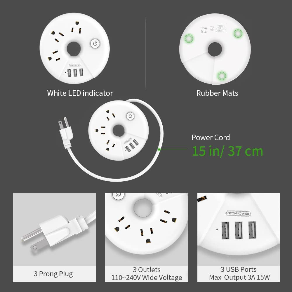 Travel Power Strip,  3 Outlets 3 USB Portable Desktop Charging Station Short Extension Cord 15 Inches for Office, Home, Hotels, Cruise Ship, Nightstand, White