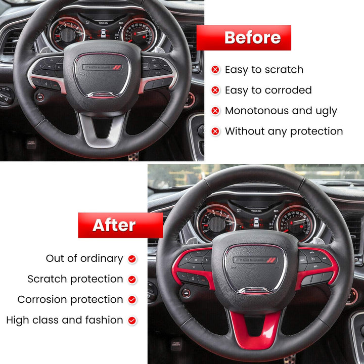 Steering Wheel Cover Trim Interior Accessories Decoration Kit for 2015-2021 Dodge Challenger Charger, for 2014-2021 Dodge Durango & Jeep Grand Cherokee SRT8 (Red 3PCS)