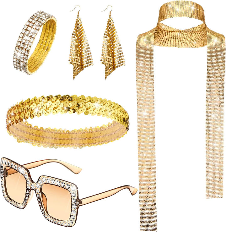 5 Pcs 70S Disco Accessories Women Costume Jewelry Disco Earrings Sequin Scarf Sunglasses Diamond Bracelet Headband