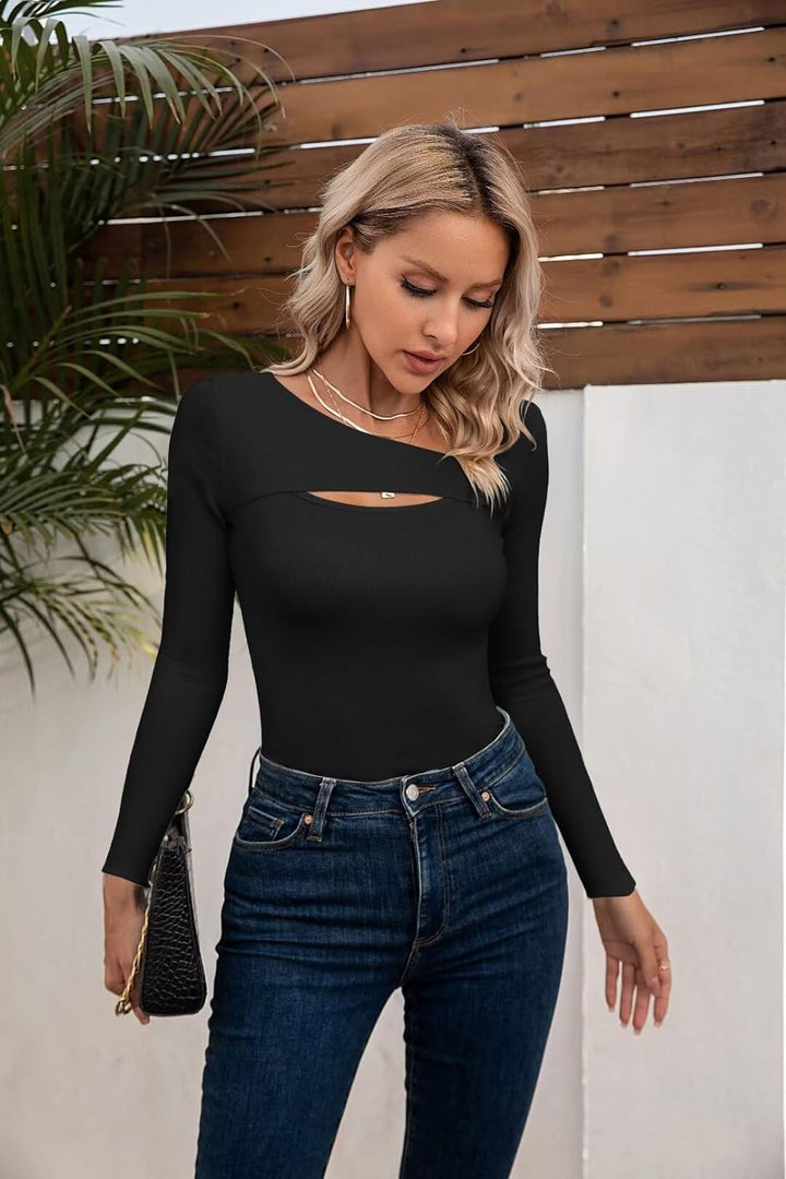 Womens Fashion Fall Clothes One Piece Cutout Tops Long Sleeve Ribbed Slim Fitted Shirts Tee Tshirts