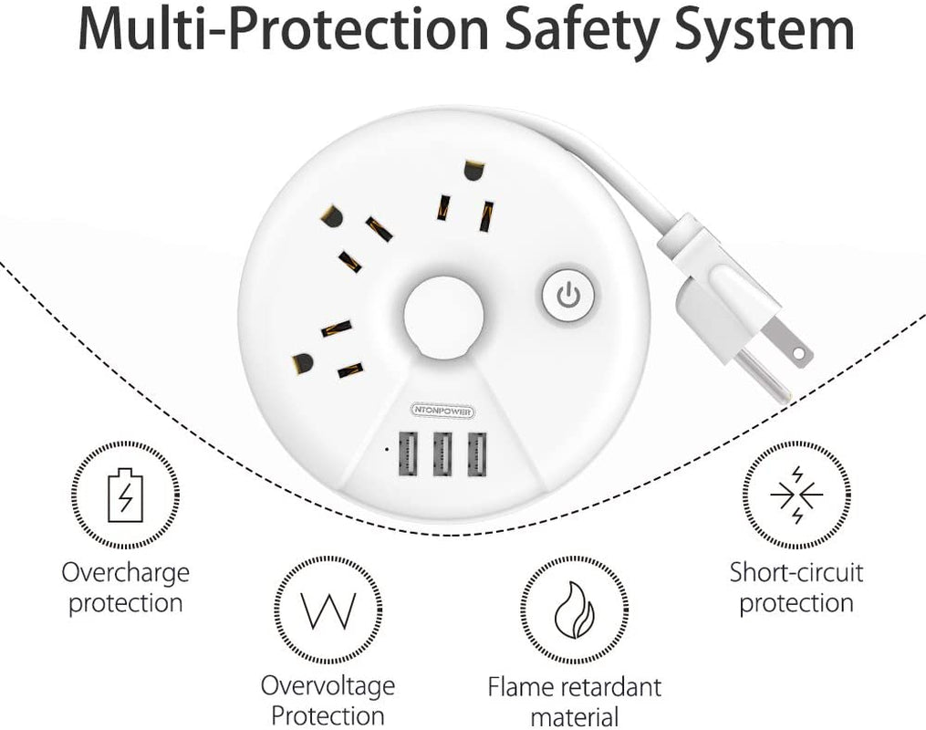 Travel Power Strip,  3 Outlets 3 USB Portable Desktop Charging Station Short Extension Cord 15 Inches for Office, Home, Hotels, Cruise Ship, Nightstand, White