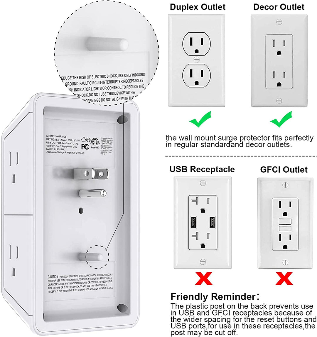 Multi Plug Outlet Surge Protector -  6 Outlet Extender with 3 USB Ports (1 USB C) and Night Light, 3-Sided Power Strip with Adapter Spaced Outlets - White，Etl Listed