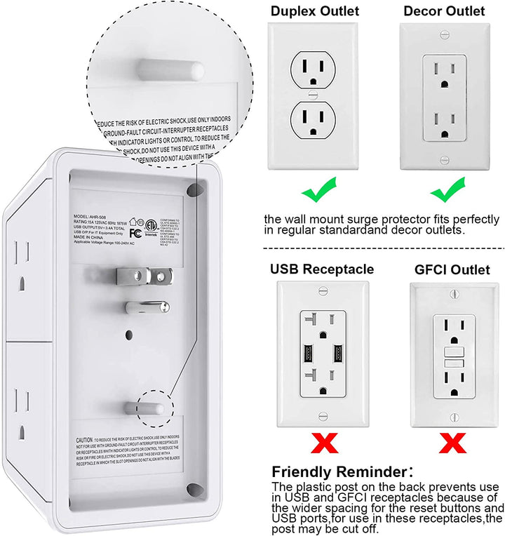 Multi Plug Outlet Surge Protector -  6 Outlet Extender with 3 USB Ports (1 USB C) and Night Light, 3-Sided Power Strip with Adapter Spaced Outlets - White，Etl Listed