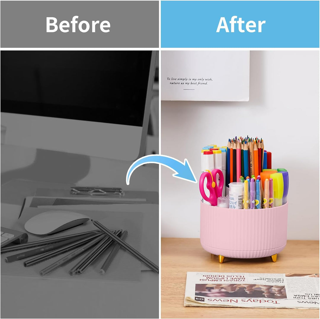 Desk Organizer, 360-Degree Rotating Pen Holder for Desk, Desk Organizers and Accessories with 5 Compartments Pencil Organizer, Art Supply Storage Box Caddy for Office, Home （Pink）