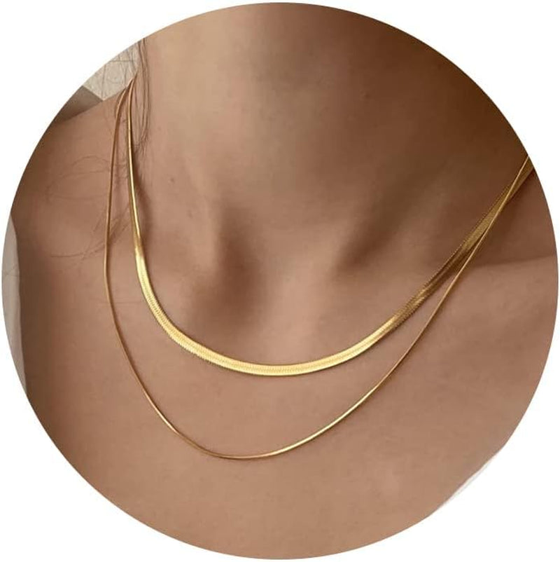 14K Gold/Silver Plated Snake Chain Necklace Herringbone Necklace Gold Choker Necklaces for Women Girl Gifts Jewelry 1.5/3/5MM(W) 14"/16"(L)