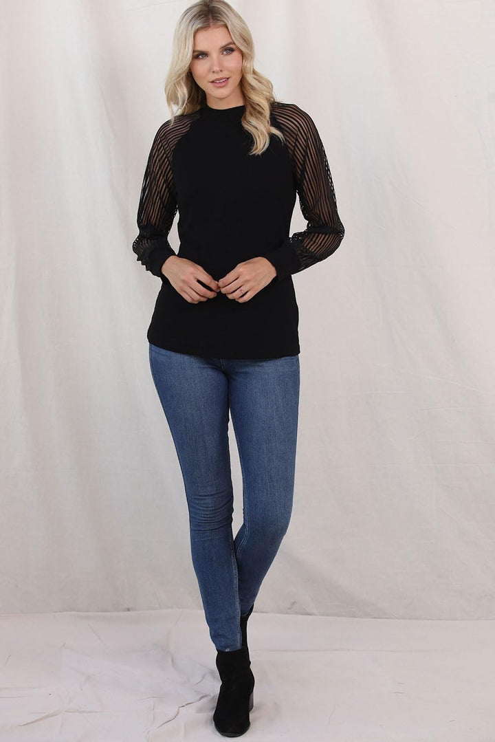 Womens Fall Crewneck Mesh Lace Long Sleeve Ribbed Knit Blouses Solid Color Pullover Tops