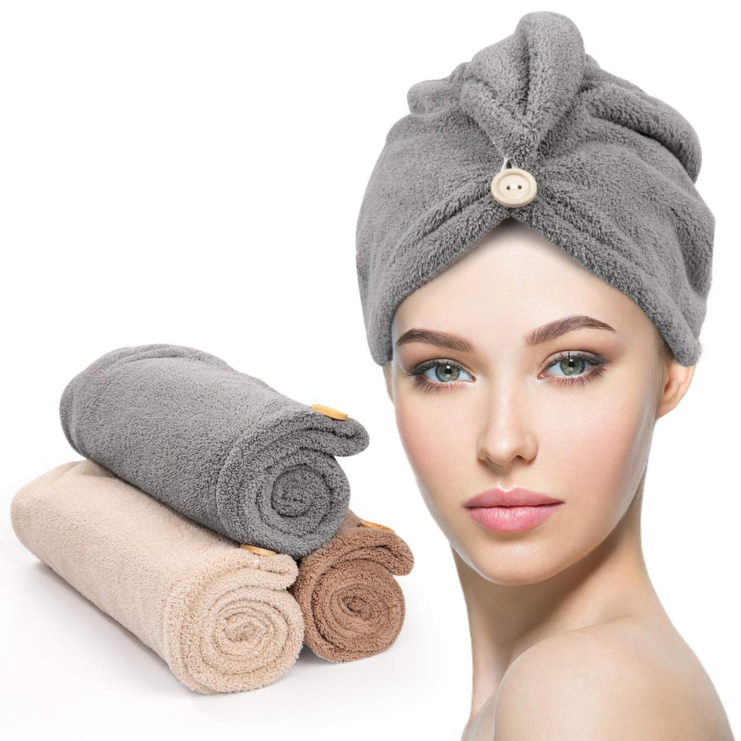 Microfiber Hair Towel 3 Pack, Hair Towel with Button, Super Absorbent Hair Towel Wrap for Curly Hair, Fast Drying Hair Turban Towel for Women, anti Frizz Microfiber Towel