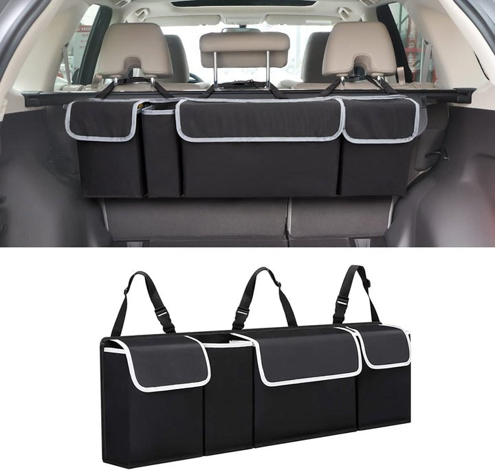 Car Trunk Organizer and Storage, Backseat Hanging Organizer for SUV, Truck, MPV, Waterproof, Collapsible Cargo Storage Bag with 4 Pockets, Car Interior Accessories for Men and Women (Black)