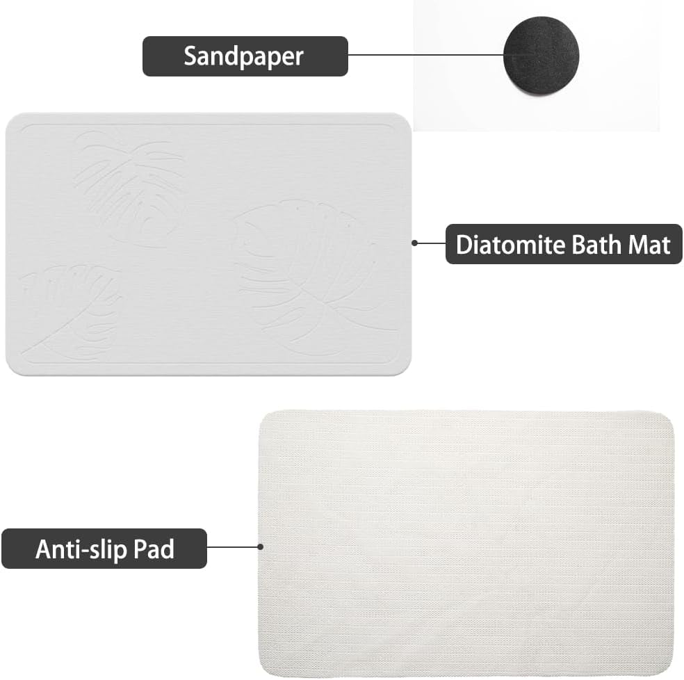 Stone Bath Mats, Diatomaceous Earth Bath Mat Non-Slip Highly Absorbent Quick Drying Diatomite Shower Mat Bathroom Accessory for Home Spa (23.4 X 15.6 Inches) White