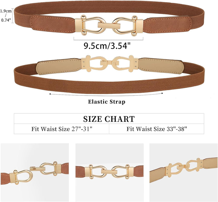 Women Skinny Elastic Belt for Dresses,Thin Retro Stretch Waist Belt with Golden Buckle 2 Pack