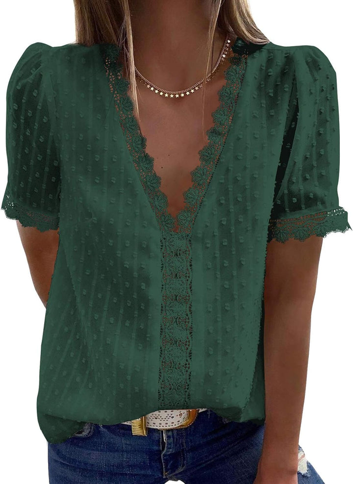 Women'S V Neck Lace Crochet Tunic Tops Flowy Casual Blouses Shirts