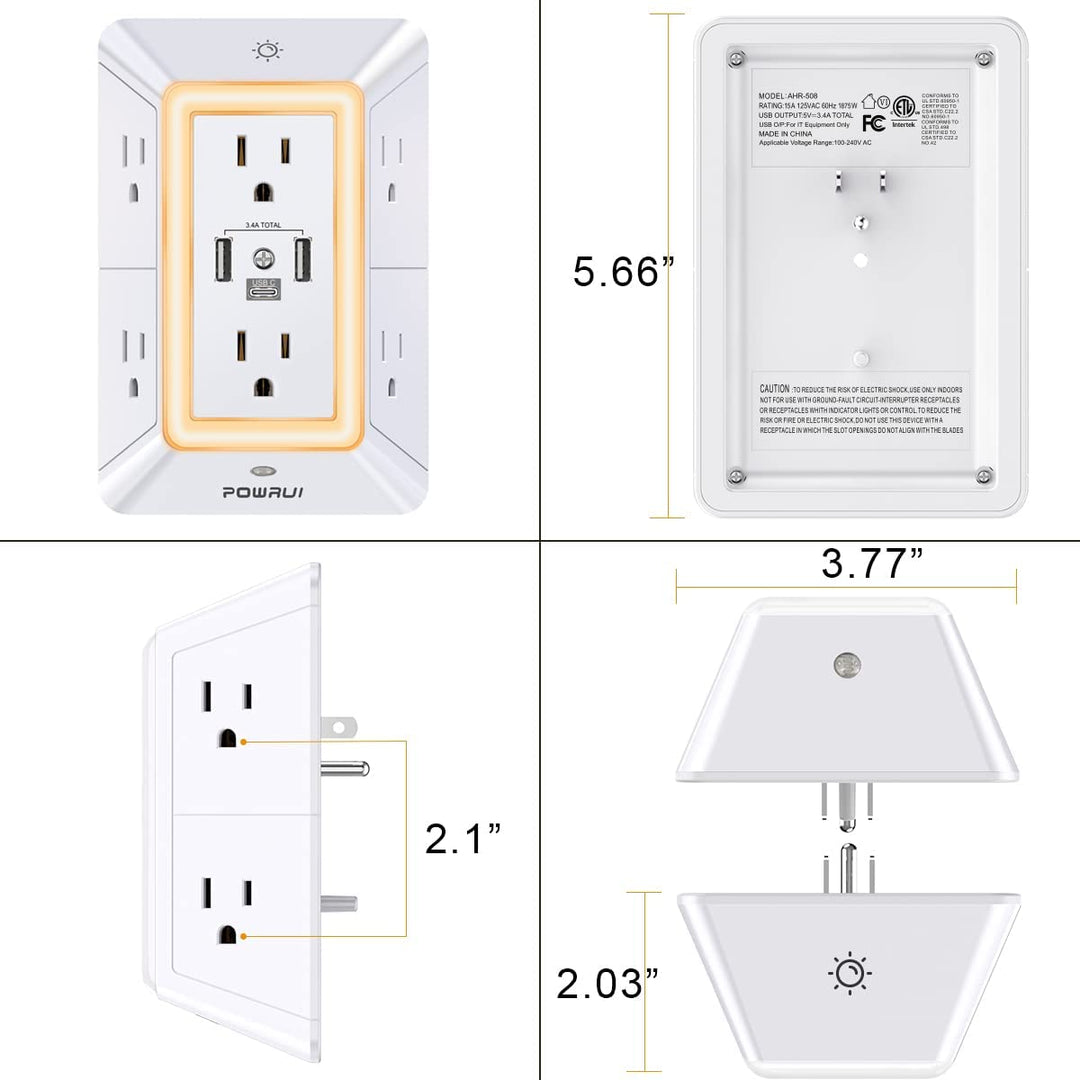 Multi Plug Outlet Surge Protector -  6 Outlet Extender with 3 USB Ports (1 USB C) and Night Light, 3-Sided Power Strip with Adapter Spaced Outlets - White，Etl Listed