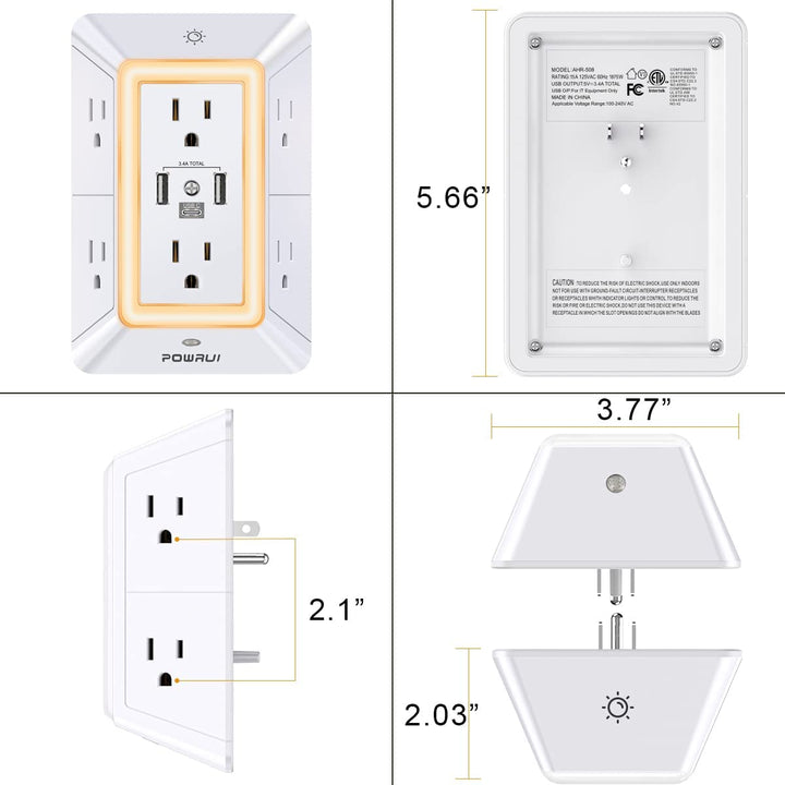 Multi Plug Outlet Surge Protector -  6 Outlet Extender with 3 USB Ports (1 USB C) and Night Light, 3-Sided Power Strip with Adapter Spaced Outlets - White，Etl Listed