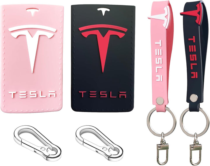 Silicone Tesla Key Card Holder for Model Y and Model 3, Key Protector Case Cover Accessories Including Hand Strap, Black and Pink