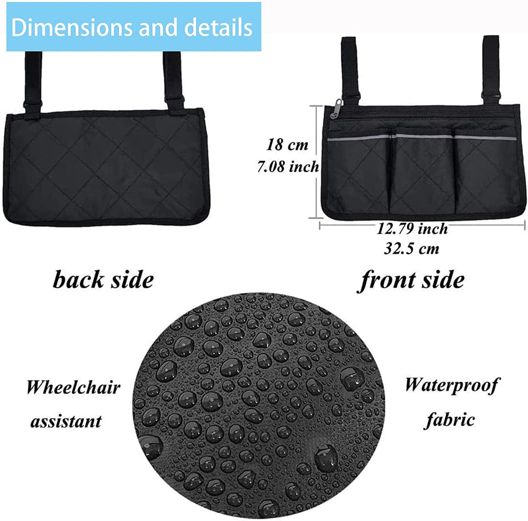 Wheelchair Armrest Accessories, Side Bags to Hang on Side with Bright Line Walker Pouches Waterproof Black Storage Fathers Mothers Day Gifts for Home/Outdoor/Baby Cart (Black Side)