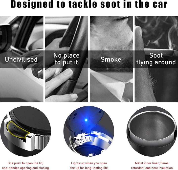2 PCS Car Ashtray with Lid, Detachable Stainless Smokeless Auto Ashtray, Portable Mini Vehicle Trash Can with LED Blue Light, Universal Interior Accessories for Cup Holder (Blue)