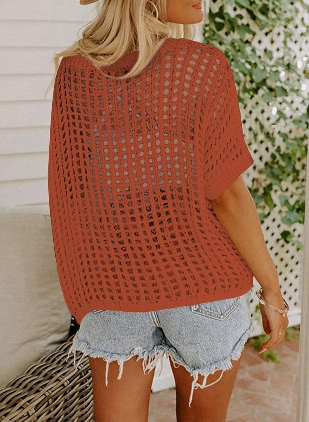 Womens Summer Scoop Neck Short Sleeve Sweater Casual Crochet Hollow Out Knit Tops Pullover Shirts Beach Coverup