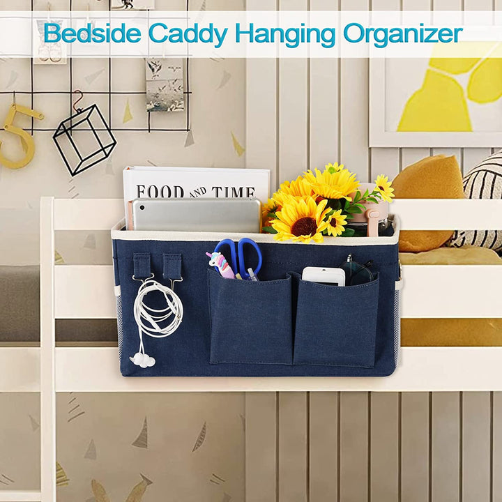 Bedside Caddy/Bedside Storage Bag Hanging Organizer for Bunk and Hospital Beds,Dorm Rooms Bed Rails,Can Be Placed Glasses,Books,Mobile Phones,Keys (Navy Blue)