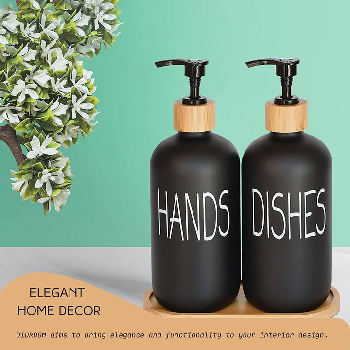 Glass Soap Dispenser Set. Hand Soap and Dish Soap Dispenser with Bamboo Tray. Vintage Soap Dispenser with Pump for Kitchen Sink and Bathroom. Stylish Permanent Label (Matte Black)