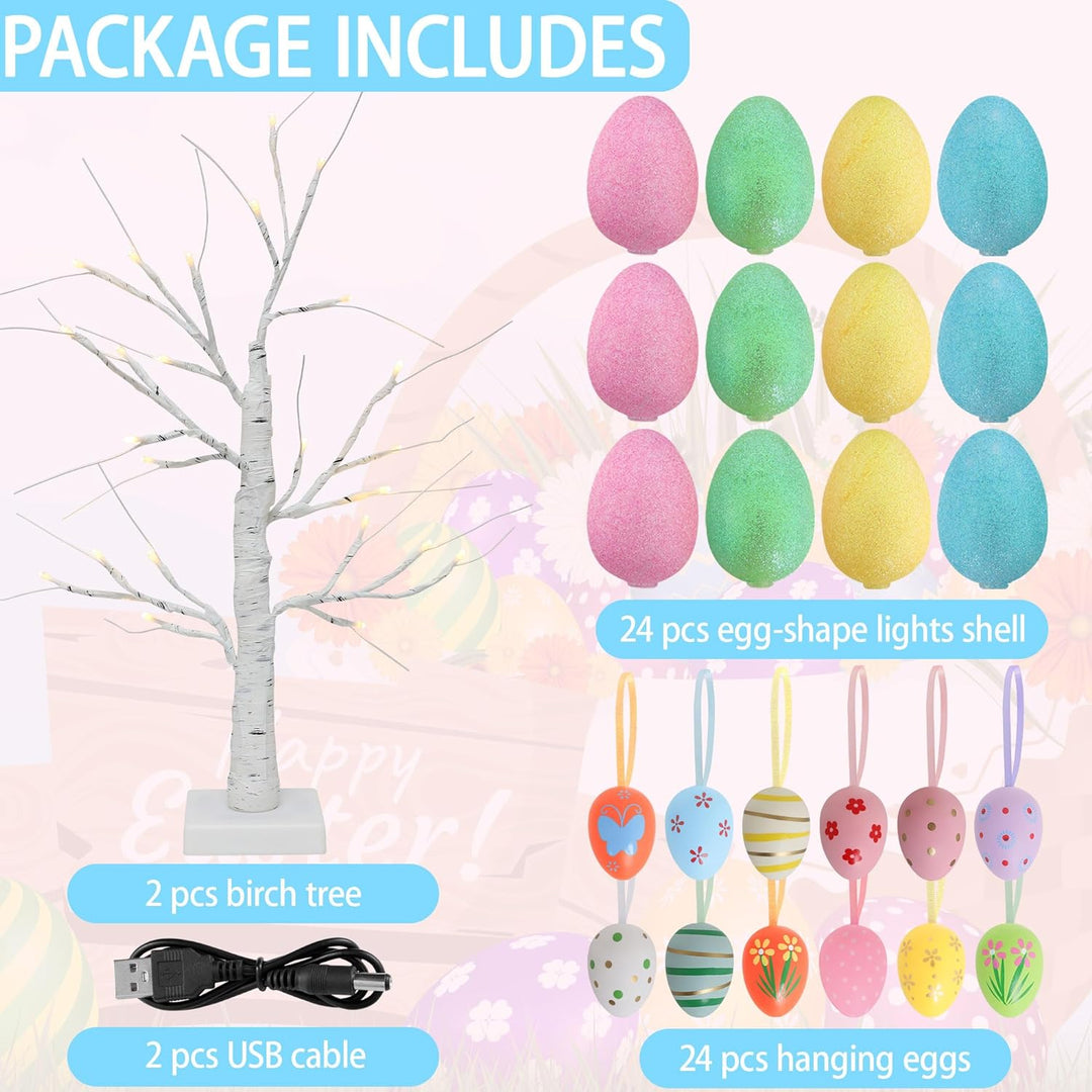 Easter Day Table Decorations, 2 Pack 24 Inches Lighted Birch Tree for Tabletop, Adjustable Colorful Egg Shaped Lighted Tree Decor with Hanging Eggs for Happy Easter Day Home Indoor Outdoor Party