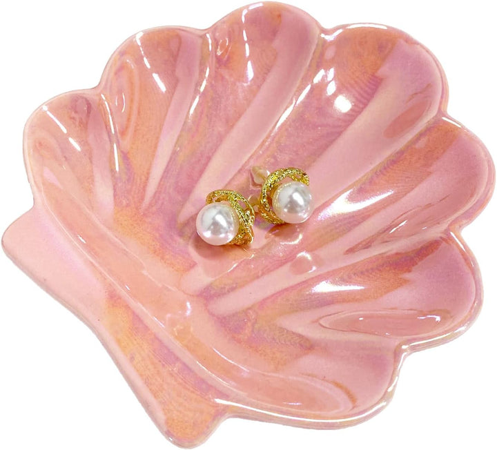 Sea Shell Jewelry Dish, Shell Trinket Dish, Ceramic Seashell Jewelry Holder, Cute Organizer Plate Vanity Decorations Accessories for Home Décor Bathroom (Pink Shell)