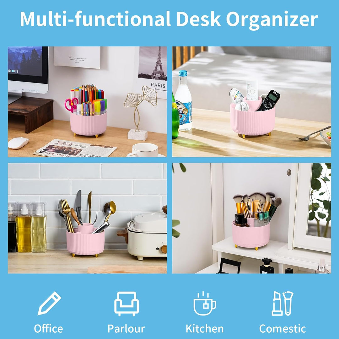 Desk Organizer, 360-Degree Rotating Pen Holder for Desk, Desk Organizers and Accessories with 5 Compartments Pencil Organizer, Art Supply Storage Box Caddy for Office, Home （Pink）