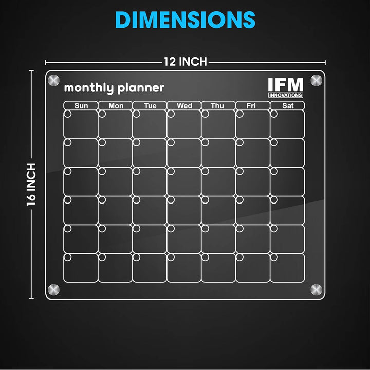 Fridge Acrylic Magnetic Calendar, Monthly & Weekly Planner (16"X12"), Includes Set with 6 Dry Erase Markers & 6 Magnetic Push Pins.