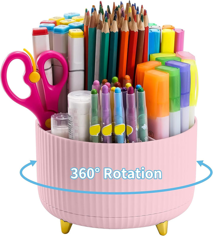 Desk Organizer, 360-Degree Rotating Pen Holder for Desk, Desk Organizers and Accessories with 5 Compartments Pencil Organizer, Art Supply Storage Box Caddy for Office, Home （Pink）
