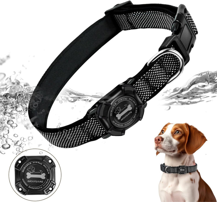 Airtag Dog Collar, Waterproof Airtag Holder Design, Durable & Adjustable Nylon Airtag Accessories Reflective Pet Collar with Metal D-Ring Accessories by  (L,Black)