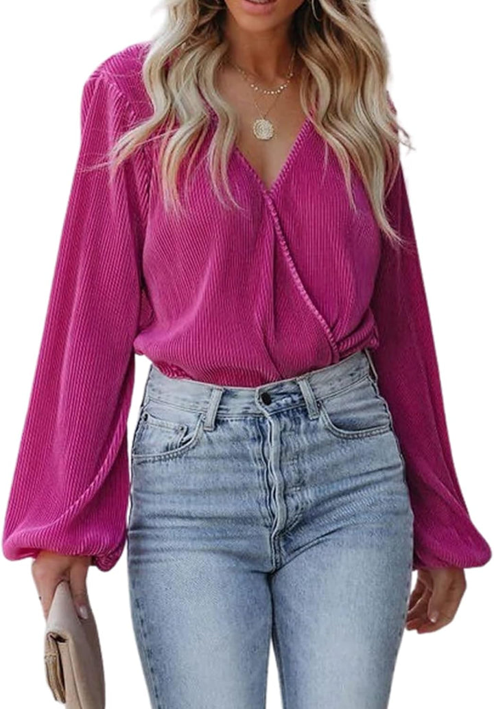Women Peasant Sleeve Tops Casual Loose Fit V Neck Solid Ruched Blouse