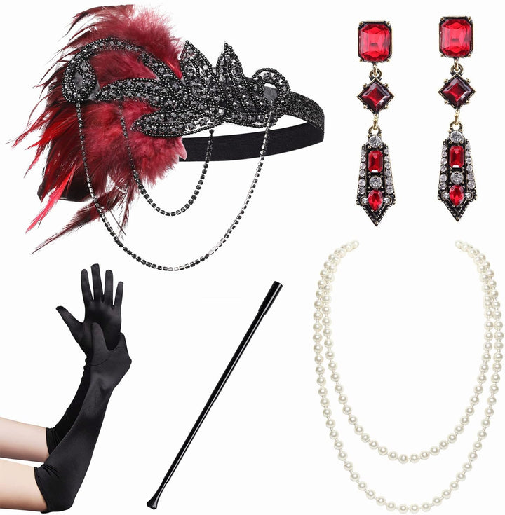 1920S Flapper Accessories Gatsby Costume Accessories Set 20S Flapper Headband Pearl Necklace Gloves Plastic Holder