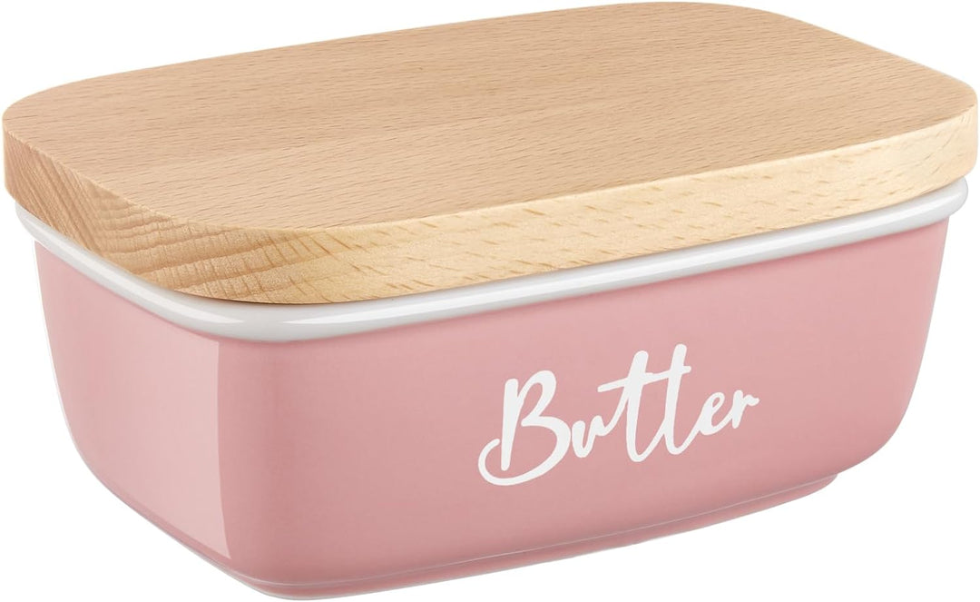 Pink Butter Dish with Lid for Countertop - Ceramic Farmhouse Butter Keeper Container with Thick Beech Wood Lid - Pink Kitchen Home Decor and Accessories for Kitchen Gifts