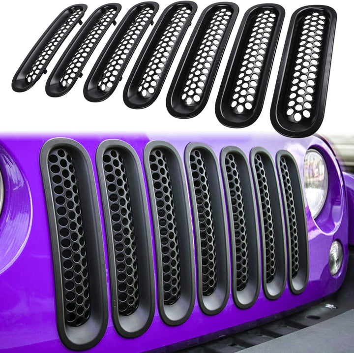 7PCS Front Grill Mesh Inserts for Jeep Wrangler JK JKU Sport Freedom Rubicon Sahara Unlimited 2007-2018 Exterior Accessories Clip-In Grille Guard Cover Trim (Matte Black)