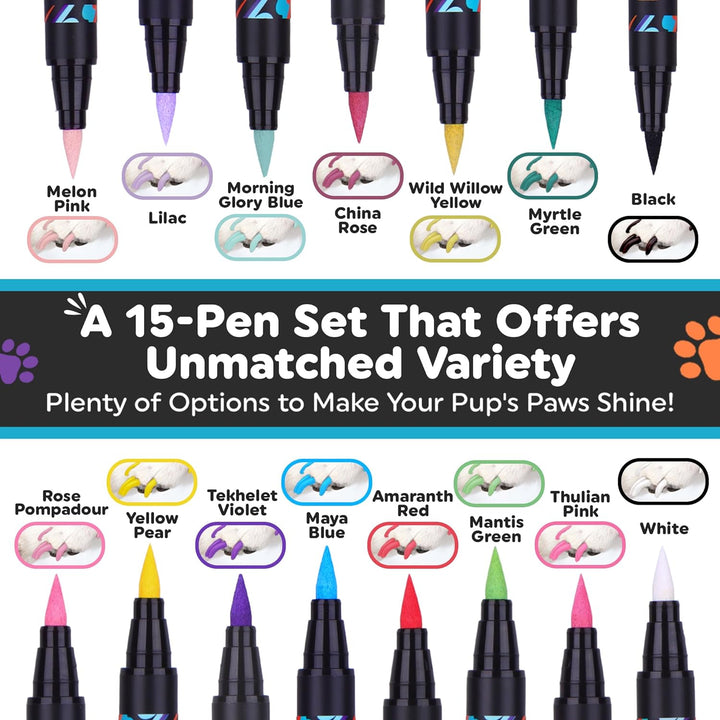Dog Nail Polish Pens Quick Dry 15 Colors - Pet Nail Polish for Dogs or Cats, Easy Application Dog Safe Nail Polish, Fast Dry Dog Polish - Great Girl Dog Accessories, or a Puppy Nail Pawlish Set