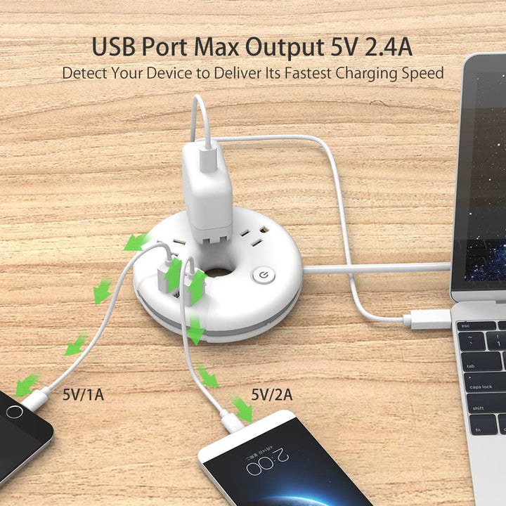 Travel Power Strip,  3 Outlets 3 USB Portable Desktop Charging Station Short Extension Cord 15 Inches for Office, Home, Hotels, Cruise Ship, Nightstand, White