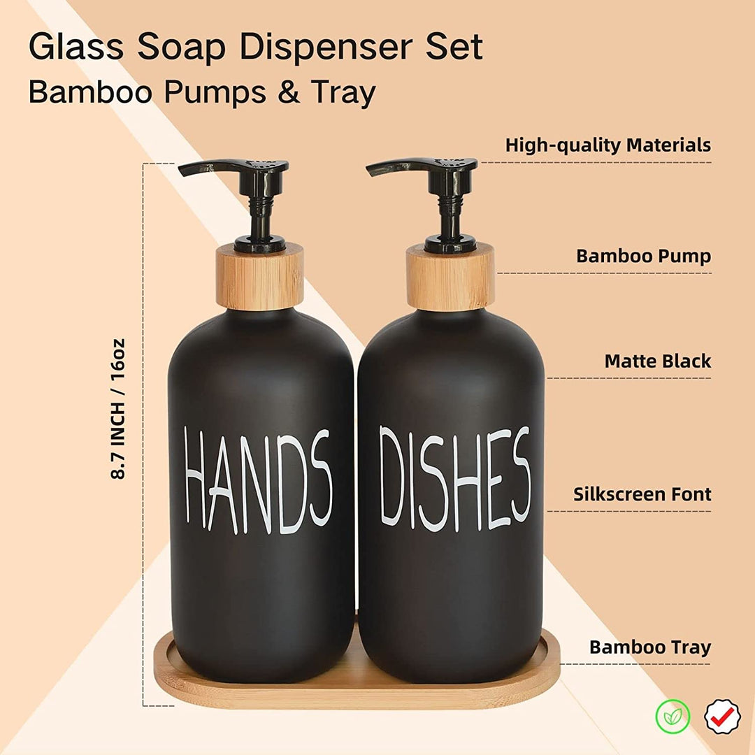 Glass Soap Dispenser Set. Hand Soap and Dish Soap Dispenser with Bamboo Tray. Vintage Soap Dispenser with Pump for Kitchen Sink and Bathroom. Stylish Permanent Label (Matte Black)