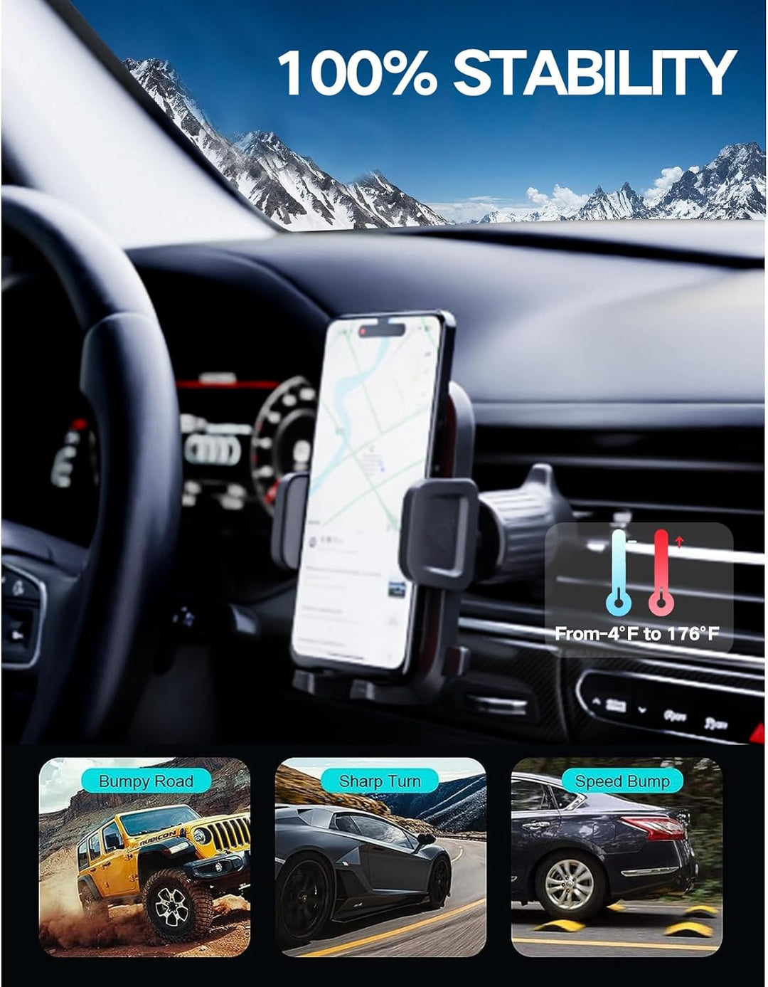 Phone Holder Car, Phone Mount for Car [Powerful Suction] Hands-Free Car Phone Holder Windshield Dashboard Vent, for Iphone, Phone Mount for Car, Fit for All Smartphones